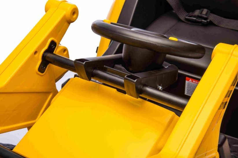 Beneo Licencovaný elektrický Bagr Caterpillar se svahovací i výkopovou lžící, Jednomístný, žlutý, USB vstupem na MP3 Přehrávači, Zadním pohonem s 2 x 30W Motory a Lithiovou baterií