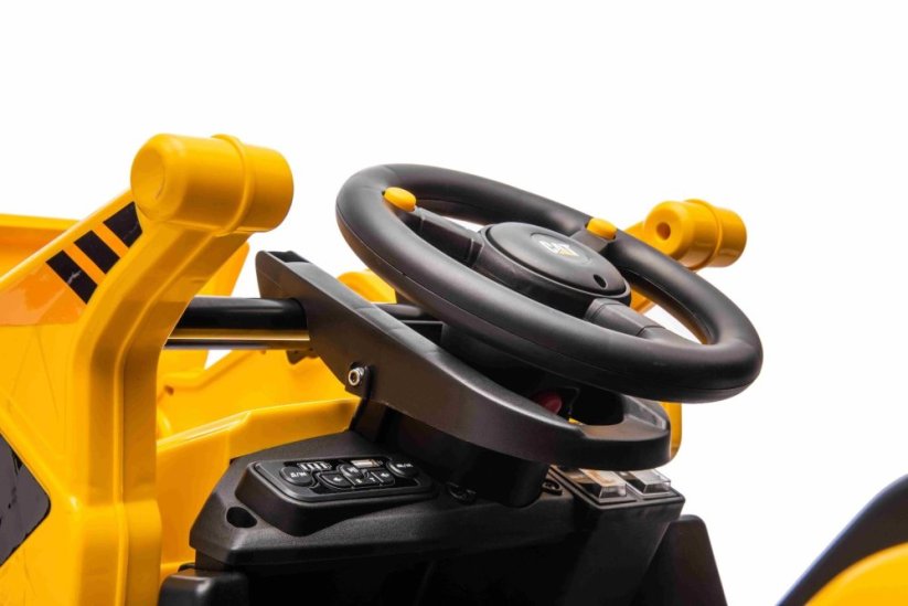 Beneo Licencovaný elektrický Bagr Caterpillar se svahovací i výkopovou lžící, Jednomístný, žlutý, USB vstupem na MP3 Přehrávači, Zadním pohonem s 2 x 30W Motory a Lithiovou baterií