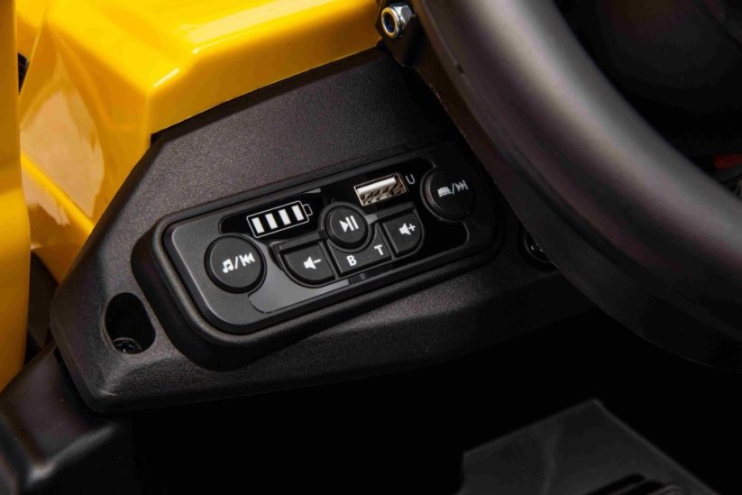 Beneo Licencovaný elektrický Bagr Caterpillar se svahovací i výkopovou lžící, Jednomístný, žlutý, USB vstupem na MP3 Přehrávači, Zadním pohonem s 2 x 30W Motory a Lithiovou baterií
