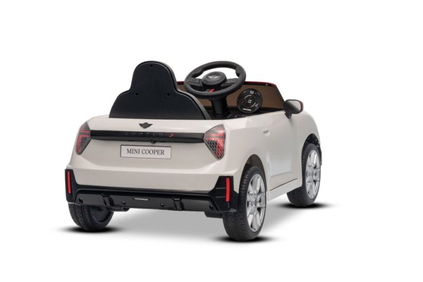 Beneo Elektrické autíčko BMW Mini Cooper 12V, biele, USB Vstup s Bluetooth pripojením na MP3 Prehrávači, 2,4 GHz diaľkové ovládanie, 2 x 25W Motor, Lítiová batéria, LED svetlá, ORIGINAL licencia