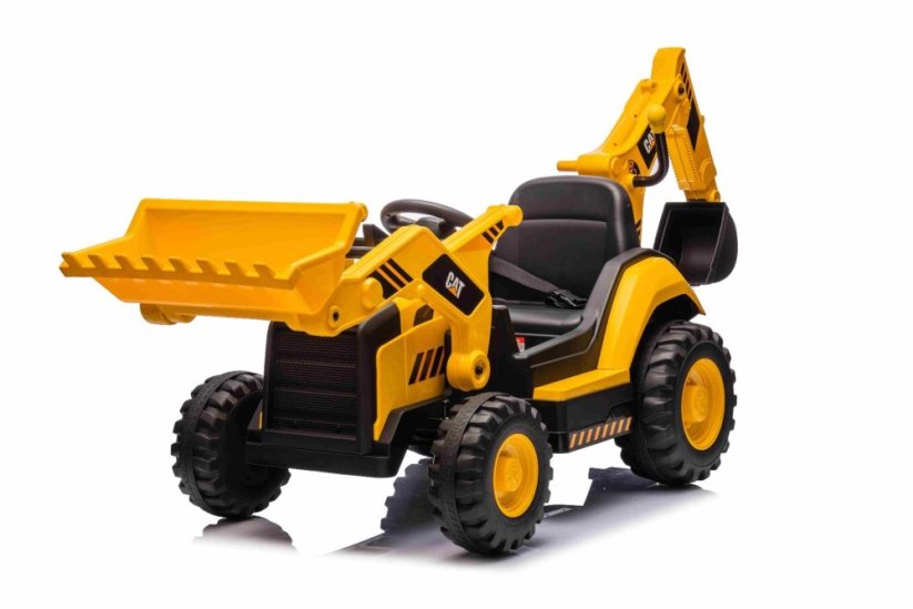 Beneo Licencovaný elektrický Bagr Caterpillar se svahovací i výkopovou lžící, Jednomístný, žlutý, USB vstupem na MP3 Přehrávači, Zadním pohonem s 2 x 30W Motory a Lithiovou baterií