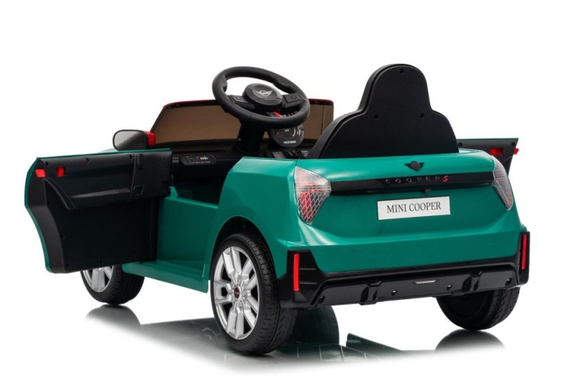 Beneo Elektrické auto BMW Mini Cooper 12V, zelené, USB vstup s Bluetooth připojením na MP3 přehrávač, 2,4GHz dálkové ovládání, 2 x 25W motor, lithiová baterie, LED světla, ORIGINÁLNÍ licence