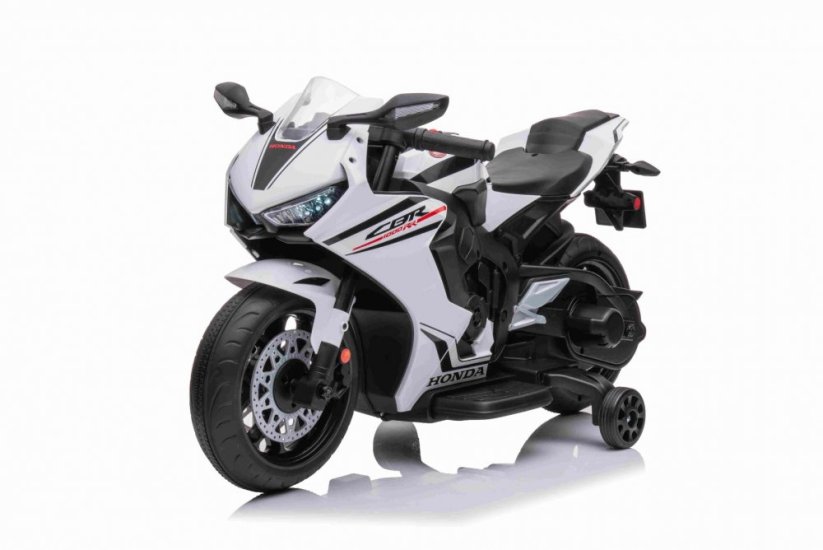 Beneo Elektrická Motorka HONDA CBR 1000RR Licencované 12V batéria Plastové kolesá 30W motor LED svetlá pevný rám pomocné kolieska biele