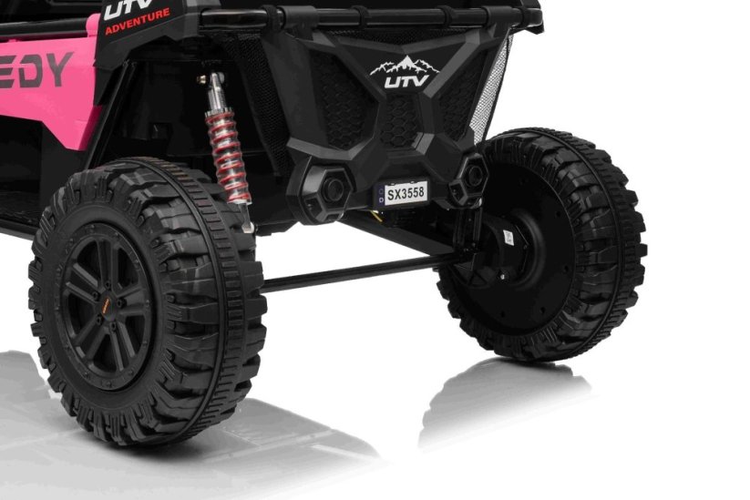 Beneo Elektrické auto T-REX Ride 4x4 dvoumístné 24V, růžové, MP3 přehrávač se vstupem USB/AUX, pohon 4x4, lithiová baterie, odpružení, dálkové ovládání, LED světla