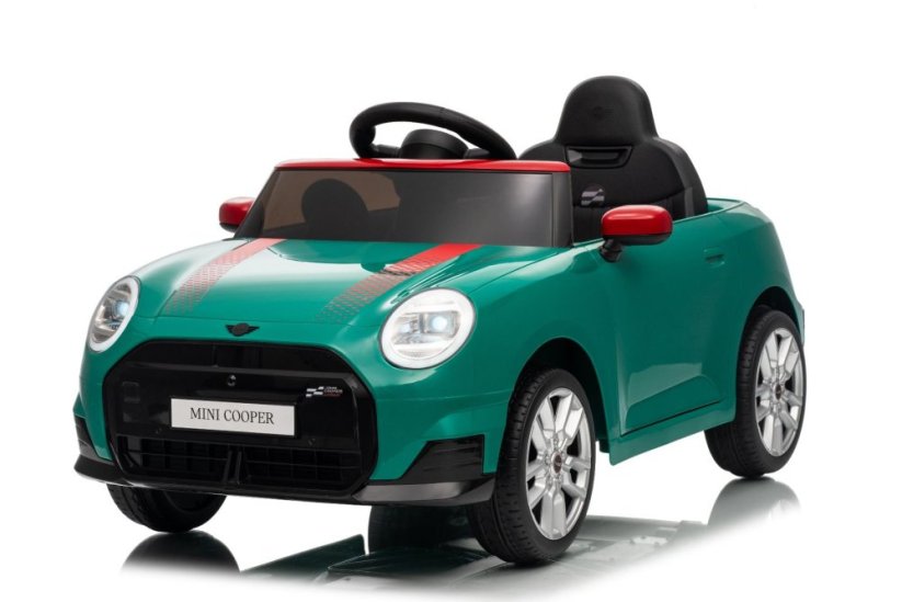 Beneo Elektrické auto BMW Mini Cooper 12V, zelené, USB vstup s Bluetooth připojením na MP3 přehrávač, 2,4GHz dálkové ovládání, 2 x 25W motor, lithiová baterie, LED světla, ORIGINÁLNÍ licence
