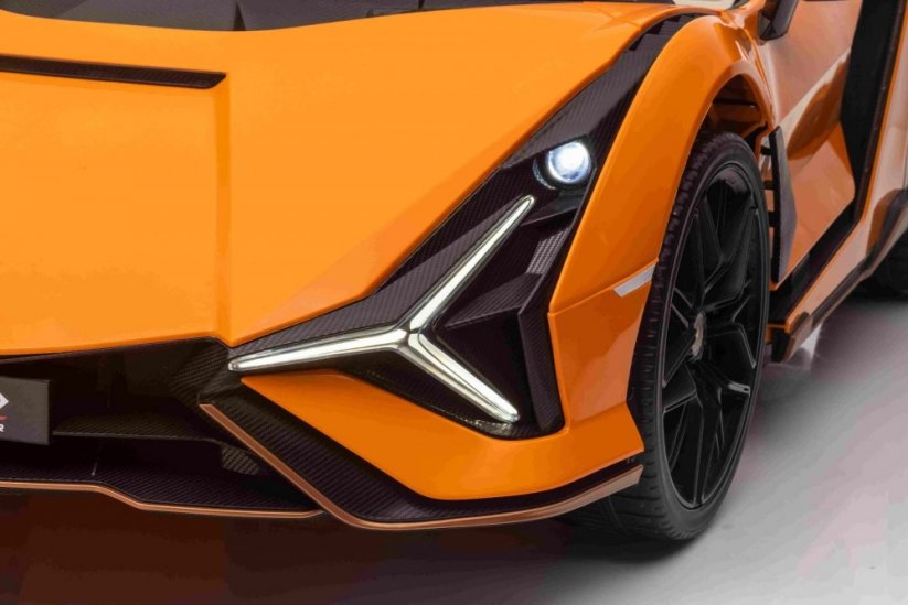 Beneo Elektrické autíčko Lamborghini Sian 4X4, oranžové, 12V, 2,4 GHz dálkové ovládání, USB/AUX Vstup, Bluetooth, Odpružení, Vertikální otevírací dveře, měkká EVA kola, LED Světla, ORIGINAL licence