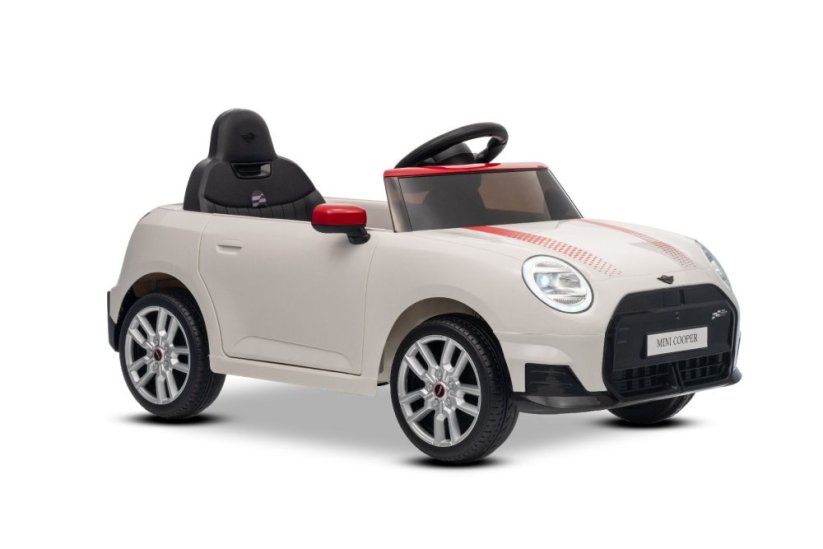 Beneo Elektrické autíčko BMW Mini Cooper 12V, biele, USB Vstup s Bluetooth pripojením na MP3 Prehrávači, 2,4 GHz diaľkové ovládanie, 2 x 25W Motor, Lítiová batéria, LED svetlá, ORIGINAL licencia