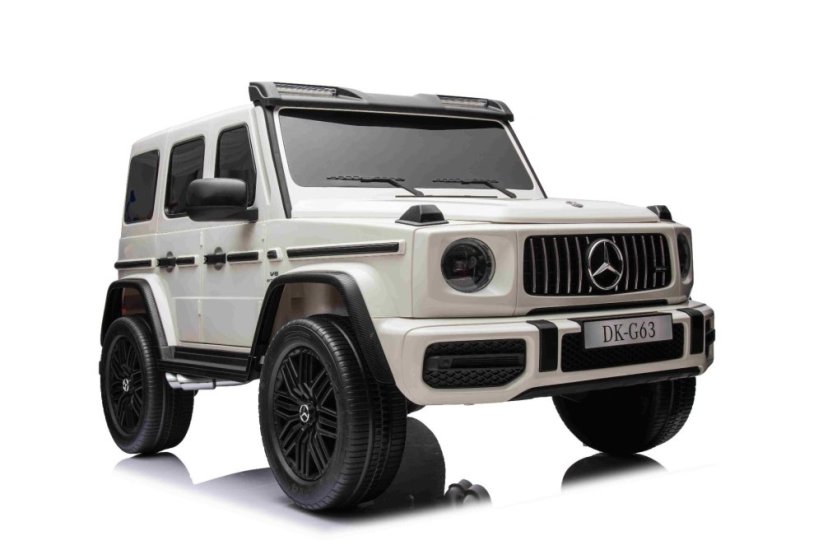 Beneo Elektrické autíčko Mercedes-Benz G63 AMG 4x4² Dvoumístné 12V, bílé, MP3 Přehrávač s USB/AUX vstupem, Pohon 4x4, Baterie 12V14Ah, EVA kola s odpružením, Koženková sedadla, Dálkový ovladač, Licencované