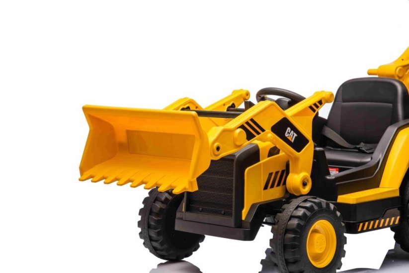 Beneo Licencovaný elektrický Bagr Caterpillar se svahovací i výkopovou lžící, Jednomístný, žlutý, USB vstupem na MP3 Přehrávači, Zadním pohonem s 2 x 30W Motory a Lithiovou baterií