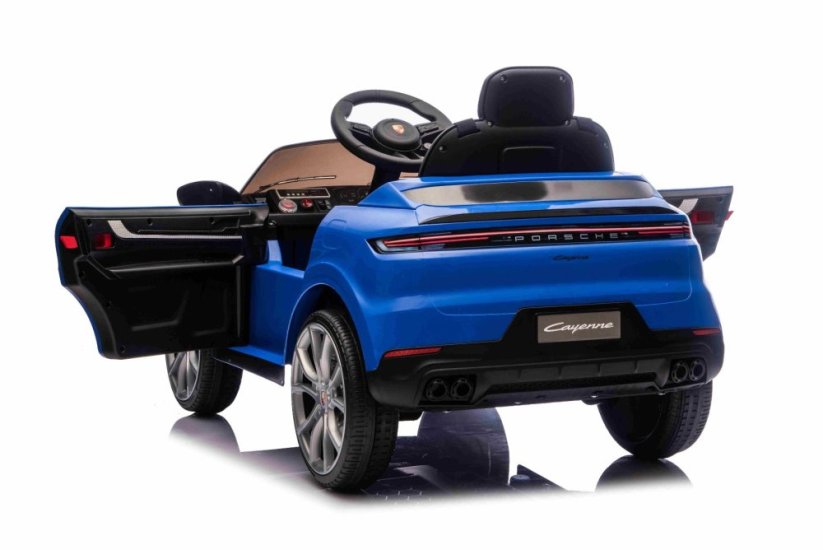 Elektrické autíčko Beneo Porsche Cayenne 12V s pohonem zadních kol a licencí (Jednomístné), modré, Lithiová baterie, široké sedátko, Odpružené nápravy, 2,4 GHz Dálkový ovladač, MP3 přehrávač se vstupem USB/AUX, LED světla