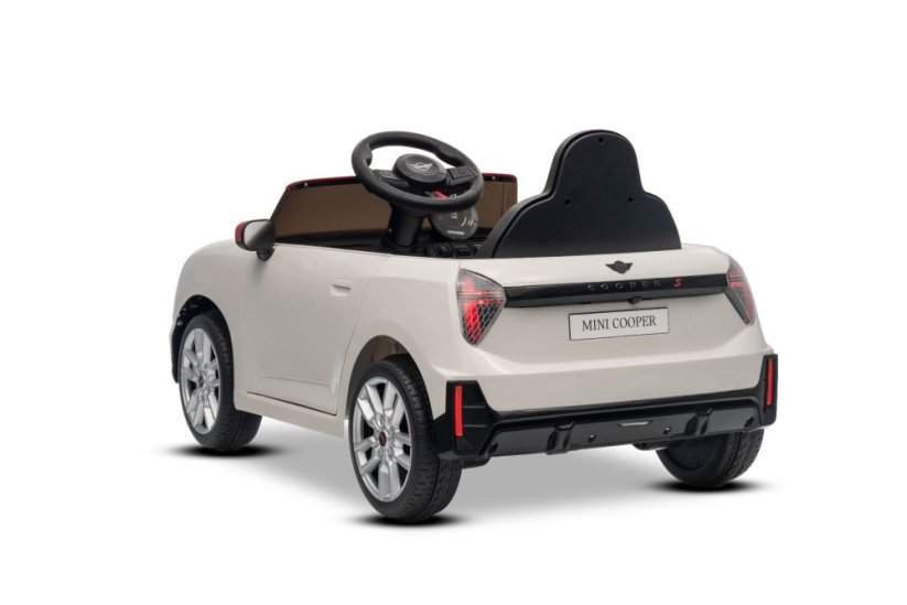 Beneo Elektrické autíčko BMW Mini Cooper 12V, biele, USB Vstup s Bluetooth pripojením na MP3 Prehrávači, 2,4 GHz diaľkové ovládanie, 2 x 25W Motor, Lítiová batéria, LED svetlá, ORIGINAL licencia