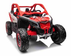 Elektrické autíčko Can-am Maverick, červený, dvoumístné, odpružená přední a zadní náprava, 2,4 Ghz dálkové ovládání, přenosná baterie, 4 x 35W Motory, EVA kola, koženková sedadla, MP3 přehrávač se vstupem USB/SD, Licencované