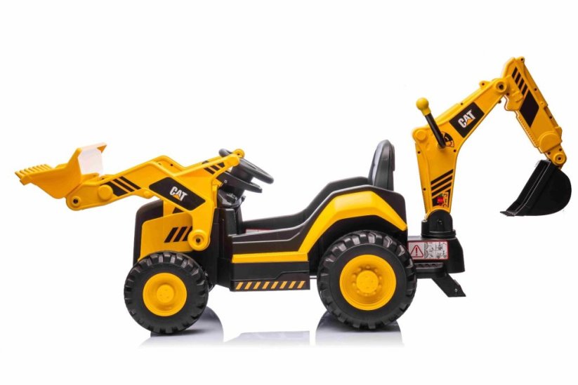 Beneo Licencovaný elektrický Bagr Caterpillar se svahovací i výkopovou lžící, Jednomístný, žlutý, USB vstupem na MP3 Přehrávači, Zadním pohonem s 2 x 30W Motory a Lithiovou baterií