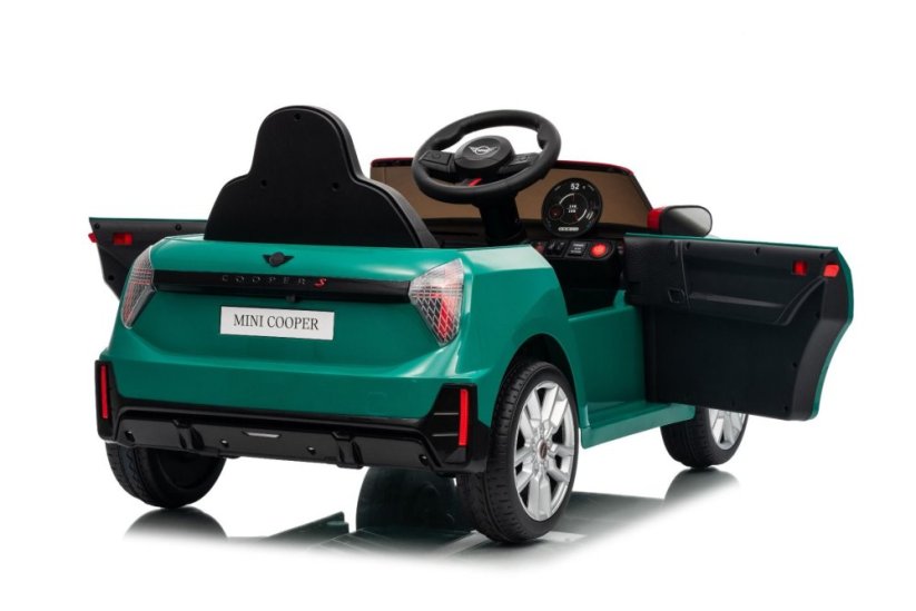 Beneo Elektrické auto BMW Mini Cooper 12V, zelené, USB vstup s Bluetooth připojením na MP3 přehrávač, 2,4GHz dálkové ovládání, 2 x 25W motor, lithiová baterie, LED světla, ORIGINÁLNÍ licence