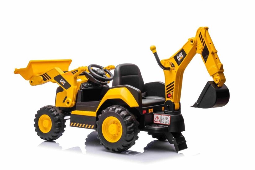 Beneo Licencovaný elektrický Bagr Caterpillar se svahovací i výkopovou lžící, Jednomístný, žlutý, USB vstupem na MP3 Přehrávači, Zadním pohonem s 2 x 30W Motory a Lithiovou baterií