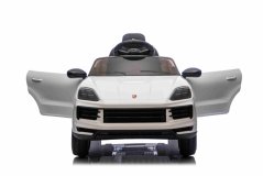 Elektrické autíčko Beneo Porsche Cayenne 12V s pohonem zadních kol a licencí (Jednomístné), bílé, Lithiová baterie, široké sedátko, Odpružené nápravy, 2,4 GHz Dálkový ovladač, MP3 přehrávač se vstupem USB/AUX, LED světla