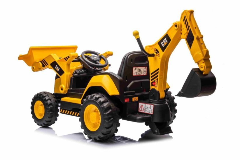 Beneo Licencovaný elektrický Bagr Caterpillar se svahovací i výkopovou lžící, Jednomístný, žlutý, USB vstupem na MP3 Přehrávači, Zadním pohonem s 2 x 30W Motory a Lithiovou baterií