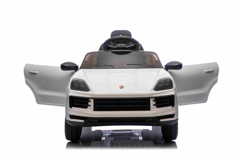 Elektrické autíčko Beneo Porsche Cayenne 12V s pohonem zadních kol a licencí (Jednomístné), bílé, Lithiová baterie, široké sedátko, Odpružené nápravy, 2,4 GHz Dálkový ovladač, MP3 přehrávač se vstupem USB/AUX, LED světla