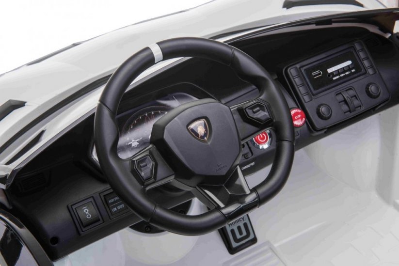 Beneo Elektrické autíčko Lamborghini Aventador 12V Dvoumístné, Bílé, 2,4 GHz dálkové ovládání, USB / SD Vstup, odpružení, vertikální otvírací dveře, měkké EVA kola, 2X MOTOR, ORIGINAL licence