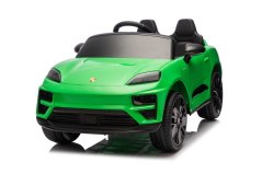Beneo Porsche Macan 12V s pohonem zadních kol, licencované elektrické auto (jednomístné), zelené, lithiová baterie, široká sedadla, odpružené nápravy, 2,4GHz dálkové ovládání, MP3 přehrávač se vstupem USB/AUX, LED světla