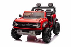 Elektrické autíčko Beneo Ford Bronco XL s pohonem zadních kol, licencované (Dvoumístné), červené, Lithiová baterie, Vysoký podvozek, Dvě sedadla, Odpružená zadní náprava, 2,4 GHz Dálkový ovladač, MP3 přehrávač se vstupem USB, LED