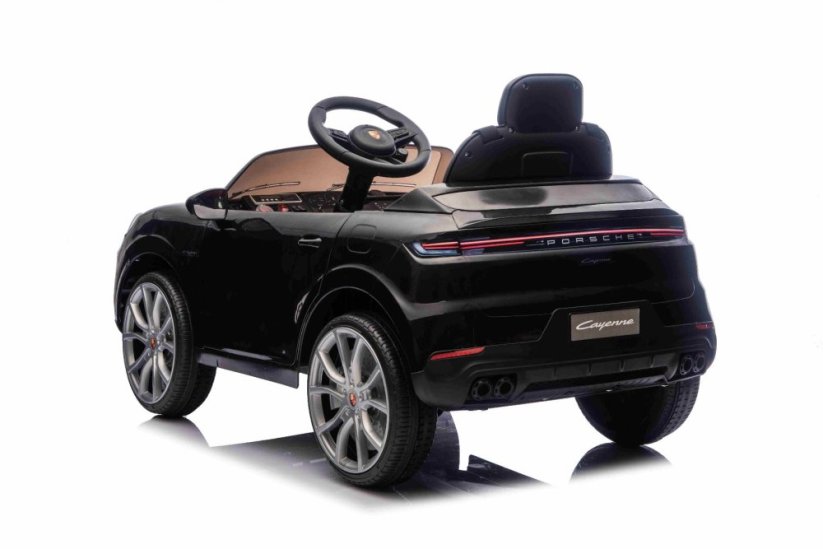 Elektrické autíčko Beneo Porsche Cayenne 12V s pohonem zadních kol a licencí (Jednomístné), černé, Lithiová baterie, široké sedátko, Odpružené nápravy, 2,4 GHz Dálkový ovladač, MP3 přehrávač se vstupem USB/AUX, LED světla