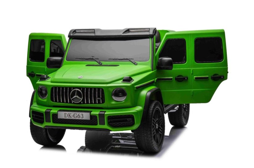 Beneo Elektrické autíčko Mercedes-Benz G63 AMG 4x4² Dvoumístné 24V, zelené lakované, MP4 Přehrávač s USB/AUX vstupem, Pohon 4x4, Baterie 12V14Ah, 4 x 200W Motory, EVA kola s odpružením, Koženková sedadla, Dálkový ovladač