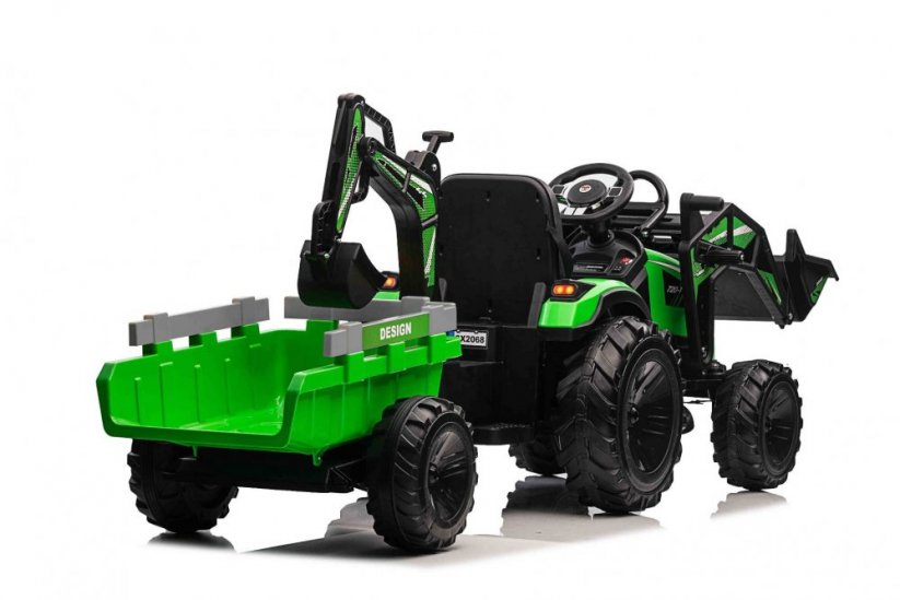 Beneo Elektrický traktor TOP-WORKER 12V s naběračkami a přívěsem Jednomístné měkké PU sedátko MP3 Přehrávač s USB vstupem Zadní pohon 2 x 45W Motor EVA kola 12V/10Ah baterie zelená