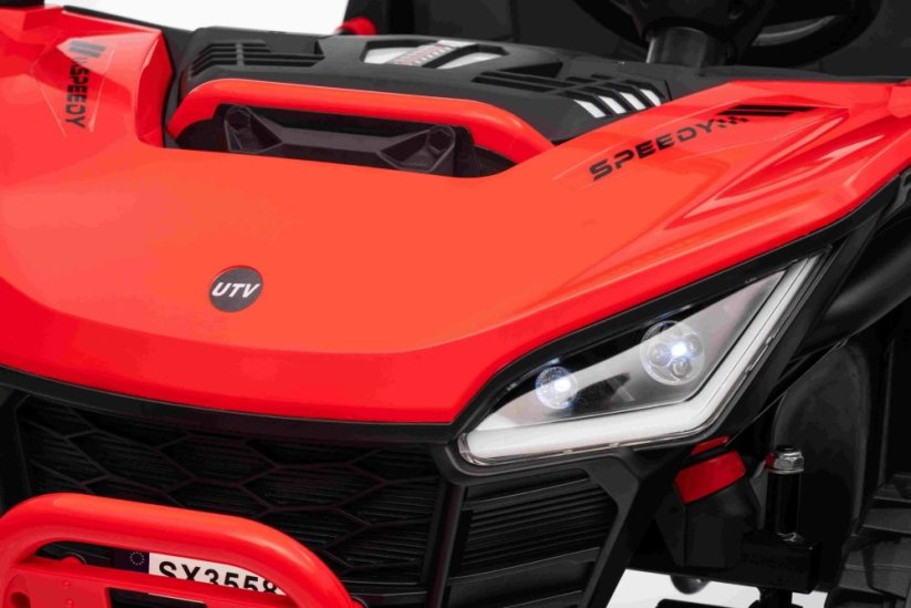 Elektrické auto Beneo T-REX Ride 4x4 dvoumístné 24V, červené, MP3 přehrávač se vstupem USB/AUX, pohon 4x4, lithiová baterie, odpružení, dálkové ovládání, LED světla