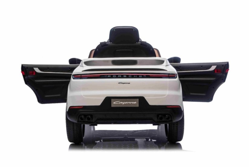 Elektrické autíčko Beneo Porsche Cayenne 12V s pohonem zadních kol a licencí (Jednomístné), bílé, Lithiová baterie, široké sedátko, Odpružené nápravy, 2,4 GHz Dálkový ovladač, MP3 přehrávač se vstupem USB/AUX, LED světla