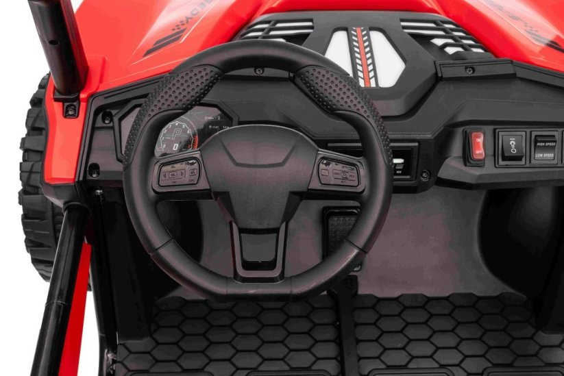 Elektrické auto Beneo T-REX Ride 4x4 dvoumístné 24V, červené, MP3 přehrávač se vstupem USB/AUX, pohon 4x4, lithiová baterie, odpružení, dálkové ovládání, LED světla