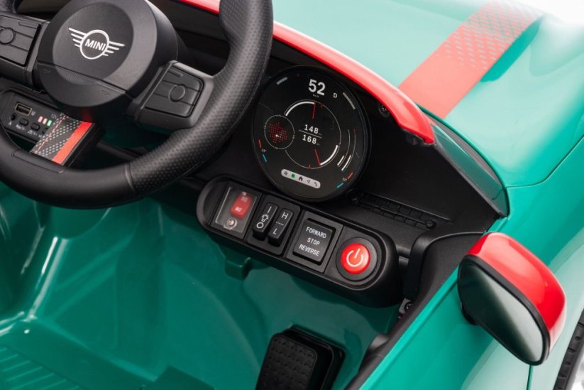 Beneo Elektrické autíčko BMW Mini Cooper 12V, zelené, USB Vstup s Bluetooth pripojením na MP3 Prehrávači, 2,4 GHz diaľkové ovládanie, 2 x 25W Motor, Lítiová batéria, LED svetlá, ORIGINAL licencia