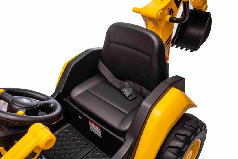 Beneo Licencovaný elektrický Bagr Caterpillar se svahovací i výkopovou lžící, Jednomístný, žlutý, USB vstupem na MP3 Přehrávači, Zadním pohonem s 2 x 30W Motory a Lithiovou baterií